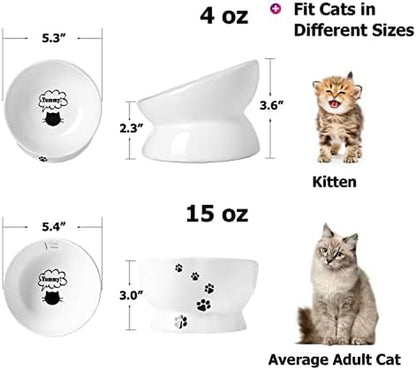 Raised Cat Food Bowl Set, Ceramic, Tilted Elevated Bowls, 2 Bowls, 3.6 in & 3 In, White