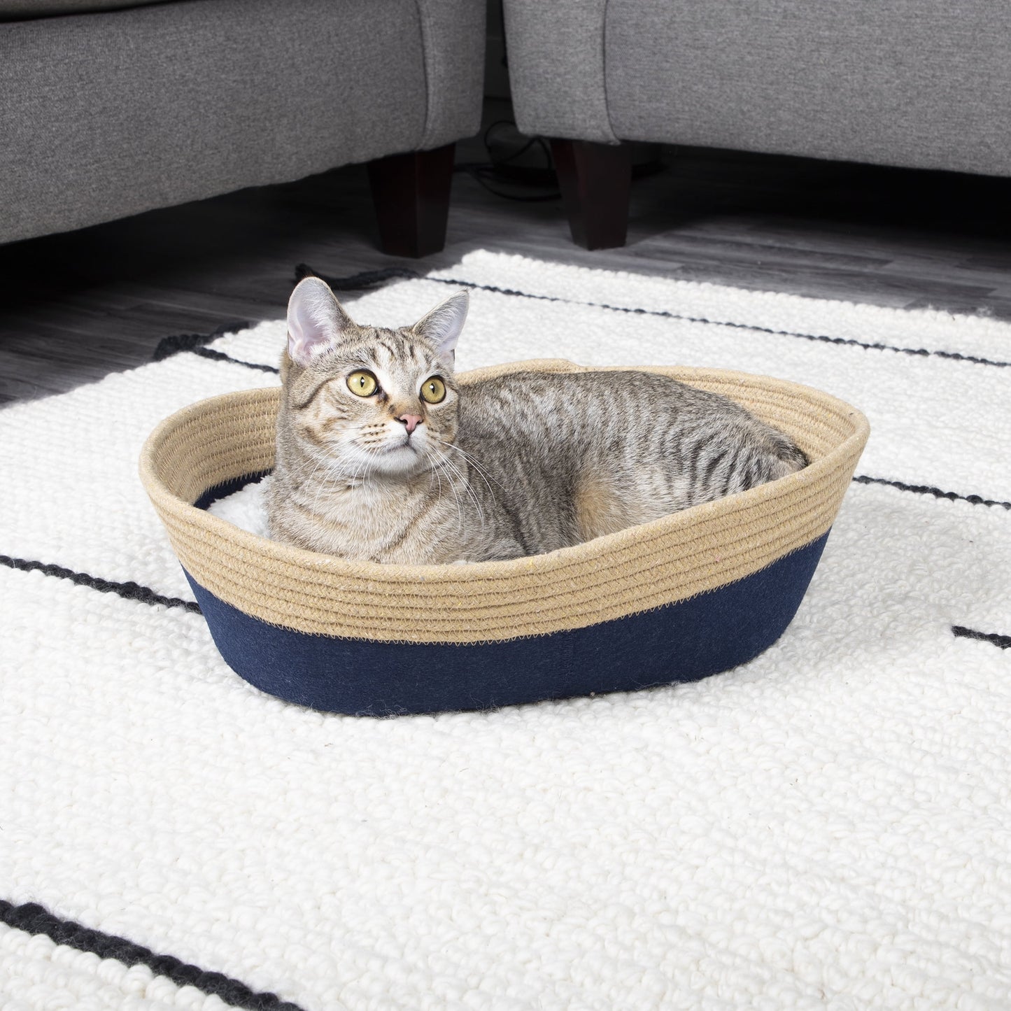 , Pet Beds, 19" Oval Woven Felt Rope Cat Bed, with Catnip, Multi-Color, Small
