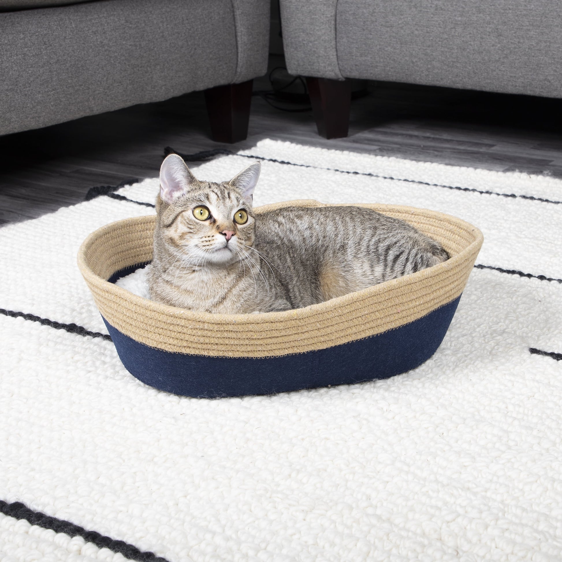 , Pet Beds, 19" Oval Woven Felt Rope Cat Bed, with Catnip, Multi-Color, Small