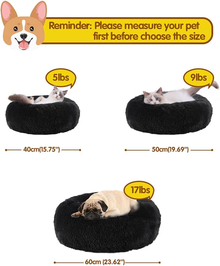 Pet Cat Bed Dog Bed, 5 Sizes for Small Medium Large Pet Cats Dogs, round Donut Cat Beds for Indoor Cats, Anti-Slip Marshmallow Dog Beds, Multiple Colors (60Cm-23.6‘’, Black)