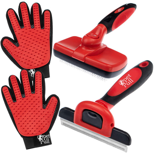 Complete Professional Pet Grooming Kit with Pet Hair Removal Tool Brush Gloves, Self Cleaning Slicker Brush, and Pro Grooming Dog Brush Deshedder Comb to Reduce Shedding (Red)