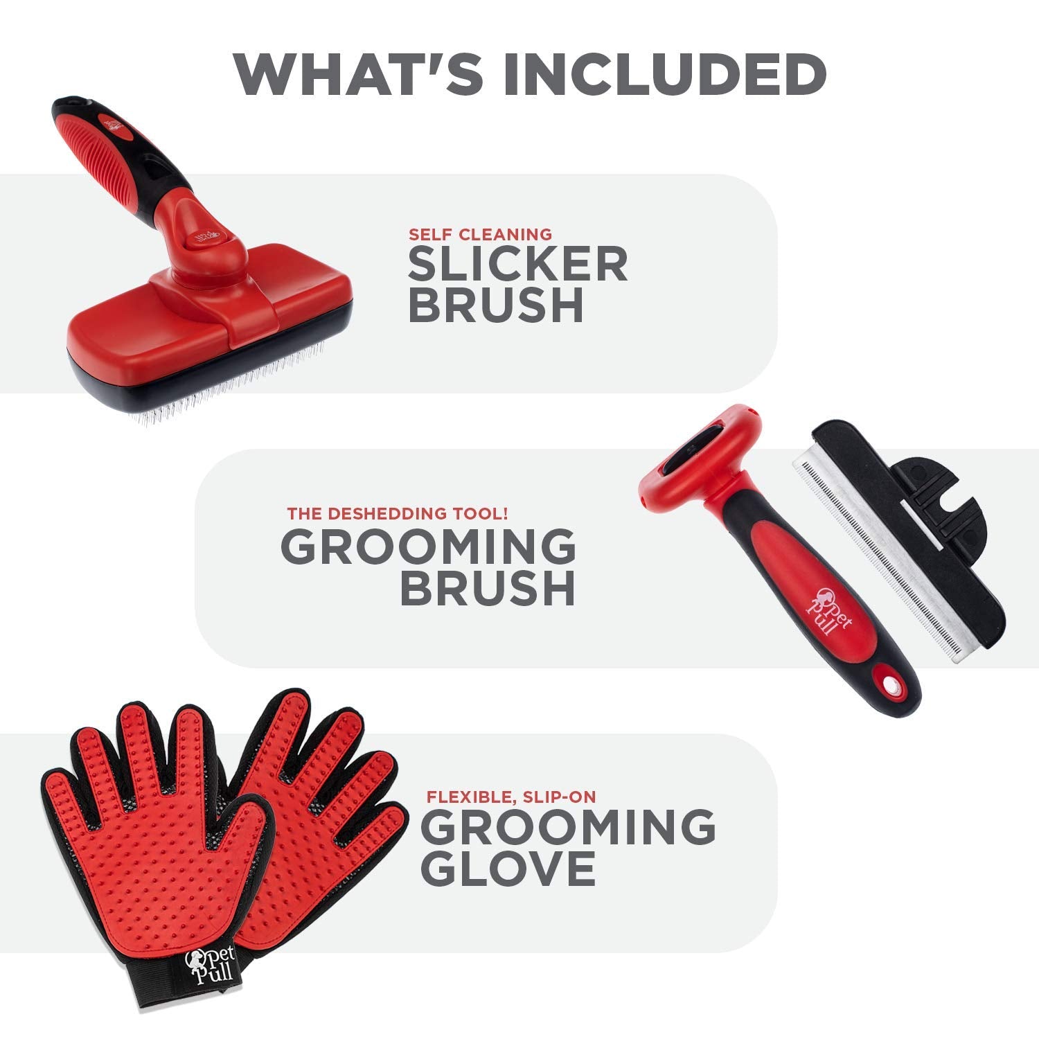 Complete Professional Pet Grooming Kit with Pet Hair Removal Tool Brush Gloves, Self Cleaning Slicker Brush, and Pro Grooming Dog Brush Deshedder Comb to Reduce Shedding (Red)