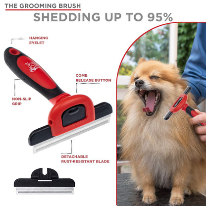 Complete Professional Pet Grooming Kit with Pet Hair Removal Tool Brush Gloves, Self Cleaning Slicker Brush, and Pro Grooming Dog Brush Deshedder Comb to Reduce Shedding (Red)