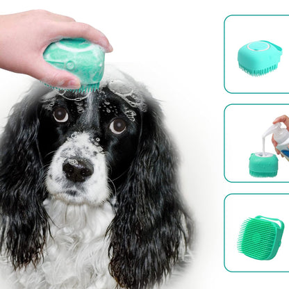 Pet Grooming Bath Massage Brush with Soap and Shampoo Dispenser Soft Silicone Bristle for Long Short Haired Dogs Cats Shower (Yellow)
