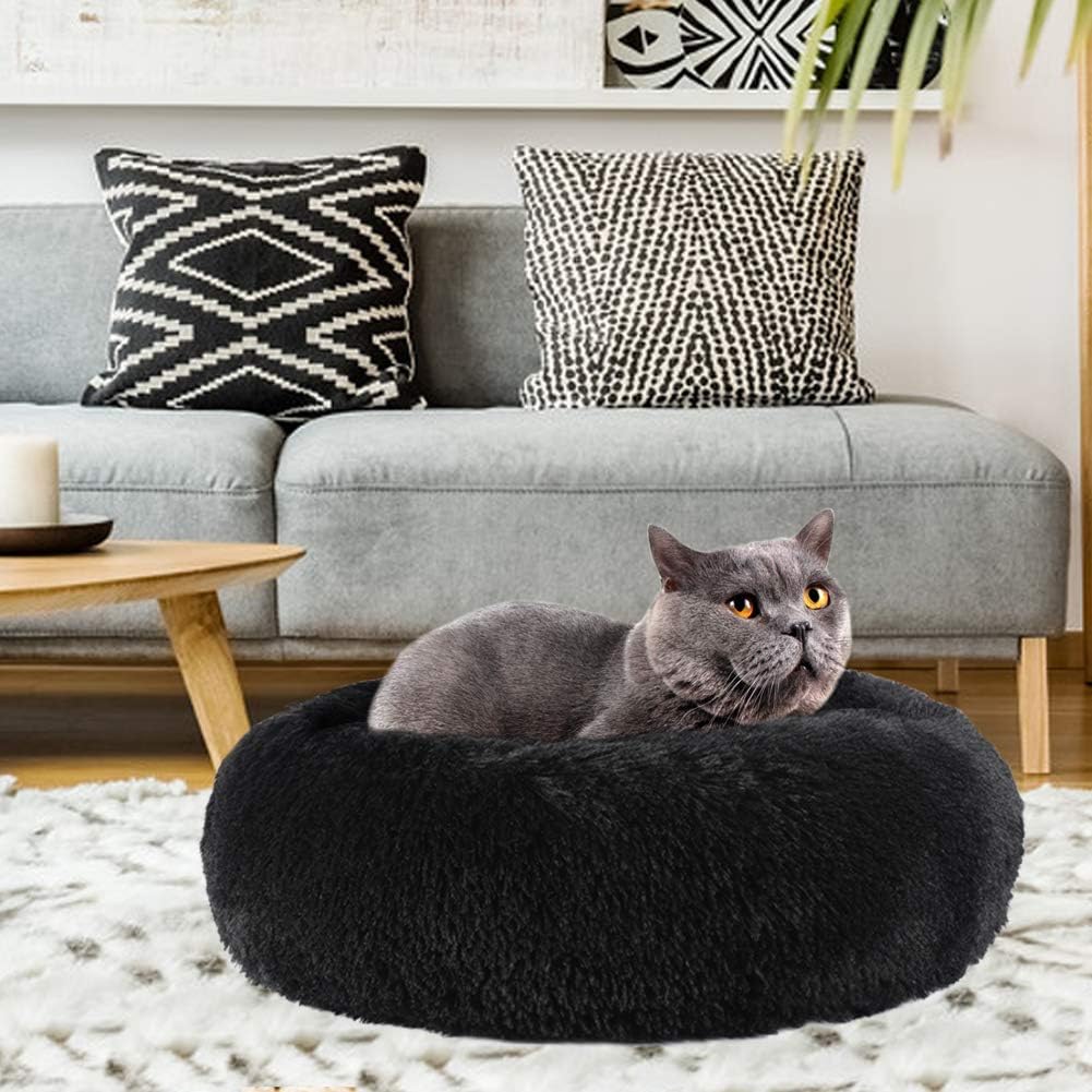 Pet Cat Bed Dog Bed, 5 Sizes for Small Medium Large Pet Cats Dogs, round Donut Cat Beds for Indoor Cats, Anti-Slip Marshmallow Dog Beds, Multiple Colors (60Cm-23.6‘’, Black)