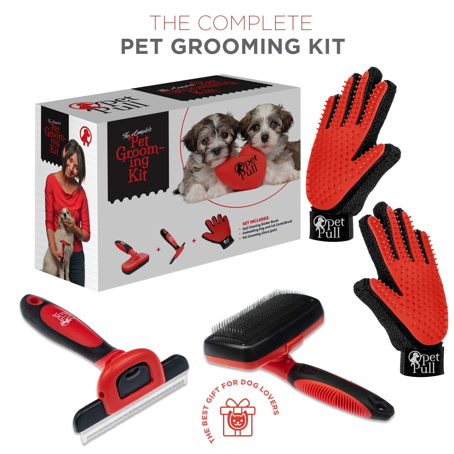 Complete Professional Pet Grooming Kit with Pet Hair Removal Tool Brush Gloves, Self Cleaning Slicker Brush, and Pro Grooming Dog Brush Deshedder Comb to Reduce Shedding (Red)