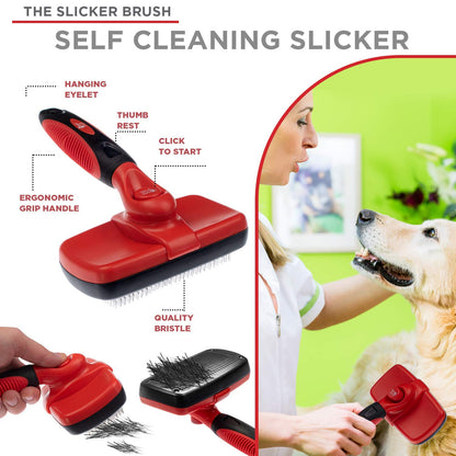 Complete Professional Pet Grooming Kit with Pet Hair Removal Tool Brush Gloves, Self Cleaning Slicker Brush, and Pro Grooming Dog Brush Deshedder Comb to Reduce Shedding (Red)