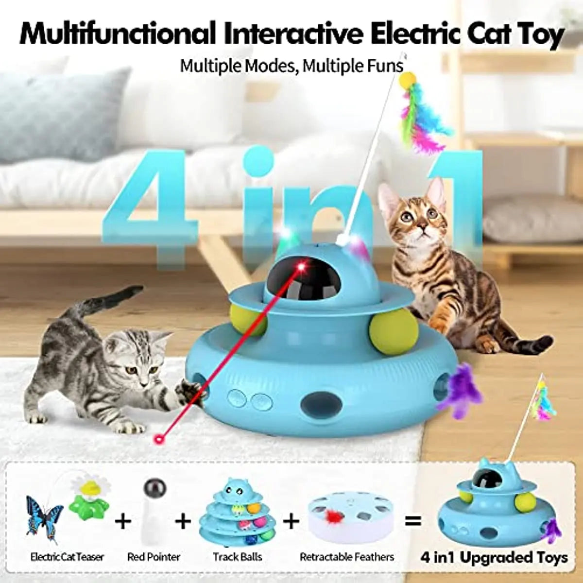 Cat Toys Interactive, Cat Light Toy and Cat Feather Toys 4 in 1, Recharge Cat Exercise Toys for Indoor Cats Automatic