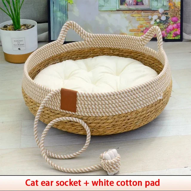 Summer Cat Bed Woven Removable Upholstery Sleeping House Cat Scratch Floor Rattan Wear-Resistant Washable Cat Pet Supplies 35