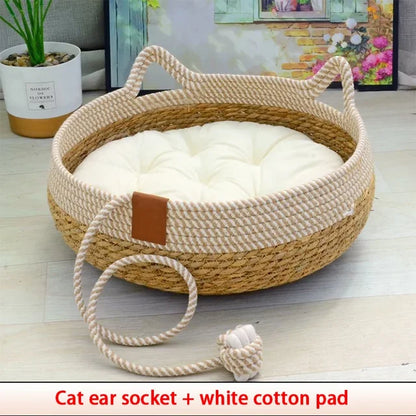 Summer Cat Bed Woven Removable Upholstery Sleeping House Cat Scratch Floor Rattan Wear-Resistant Washable Cat Pet Supplies 35