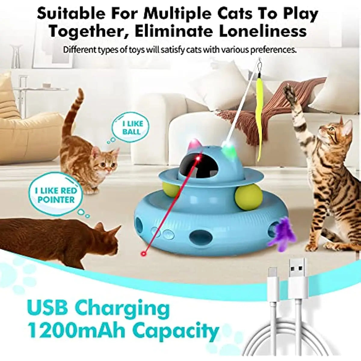 Cat Toys Interactive, Cat Light Toy and Cat Feather Toys 4 in 1, Recharge Cat Exercise Toys for Indoor Cats Automatic