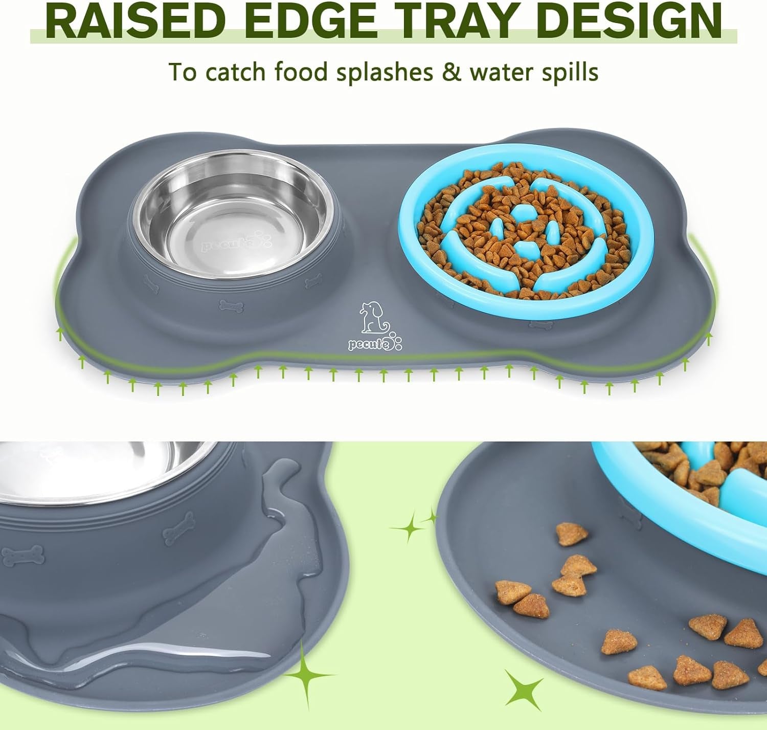 Slow Feeder Dog Bowls to Slow down Eating, Dog Bowl Slow Feeder with No-Spill Non-Skid Silicone Mat, Food-Grade Safe Dog Food Bowls Slow Feeder, Stainless Steel Dog Water Bowl for Dogs Cats