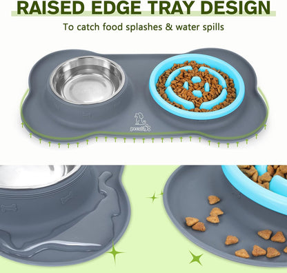 Slow Feeder Dog Bowls to Slow down Eating, Dog Bowl Slow Feeder with No-Spill Non-Skid Silicone Mat, Food-Grade Safe Dog Food Bowls Slow Feeder, Stainless Steel Dog Water Bowl for Dogs Cats