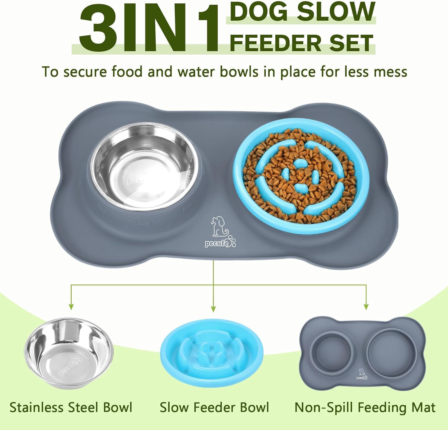 Slow Feeder Dog Bowls to Slow down Eating, Dog Bowl Slow Feeder with No-Spill Non-Skid Silicone Mat, Food-Grade Safe Dog Food Bowls Slow Feeder, Stainless Steel Dog Water Bowl for Dogs Cats