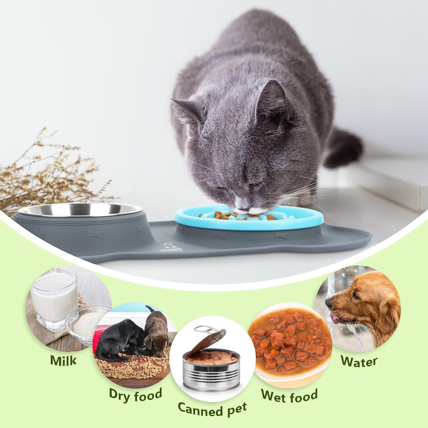 Slow Feeder Dog Bowls to Slow down Eating, Dog Bowl Slow Feeder with No-Spill Non-Skid Silicone Mat, Food-Grade Safe Dog Food Bowls Slow Feeder, Stainless Steel Dog Water Bowl for Dogs Cats