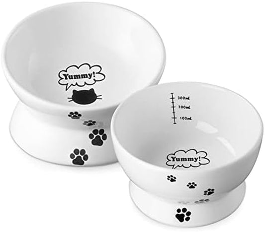 Raised Cat Food Bowl Set, Ceramic, Tilted Elevated Bowls, 2 Bowls, 3.6 in & 3 In, White